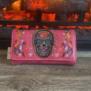 Multi Functional Western Sugar Skull Trifold Clutch Crossbody Wallet 💀